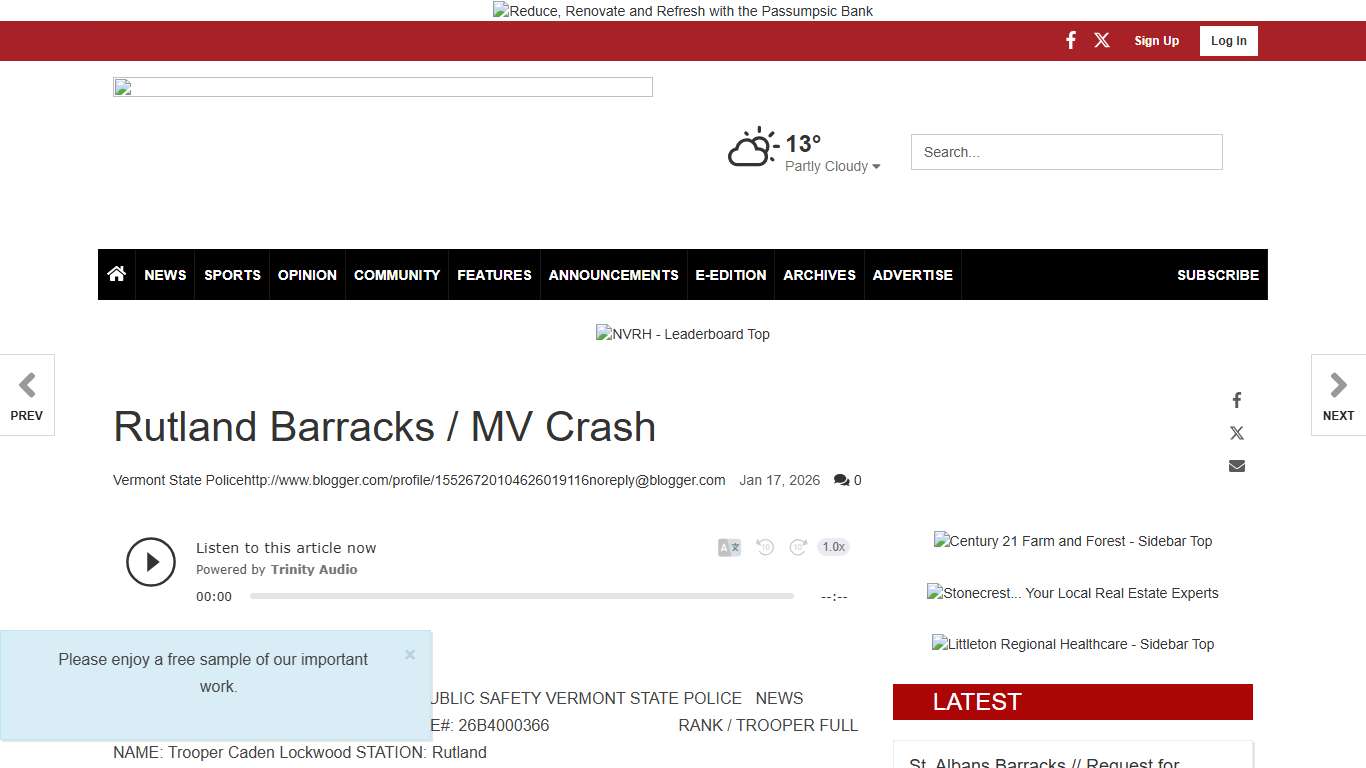 Rutland Barracks / MV Crash | Police Logs | caledonianrecord.com