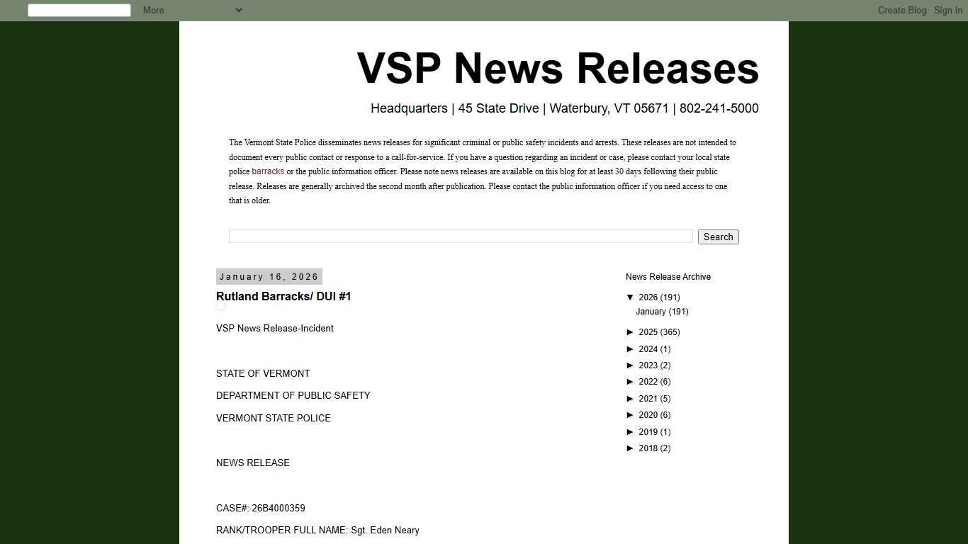 VSP News Releases: Rutland Barracks/ DUI #1