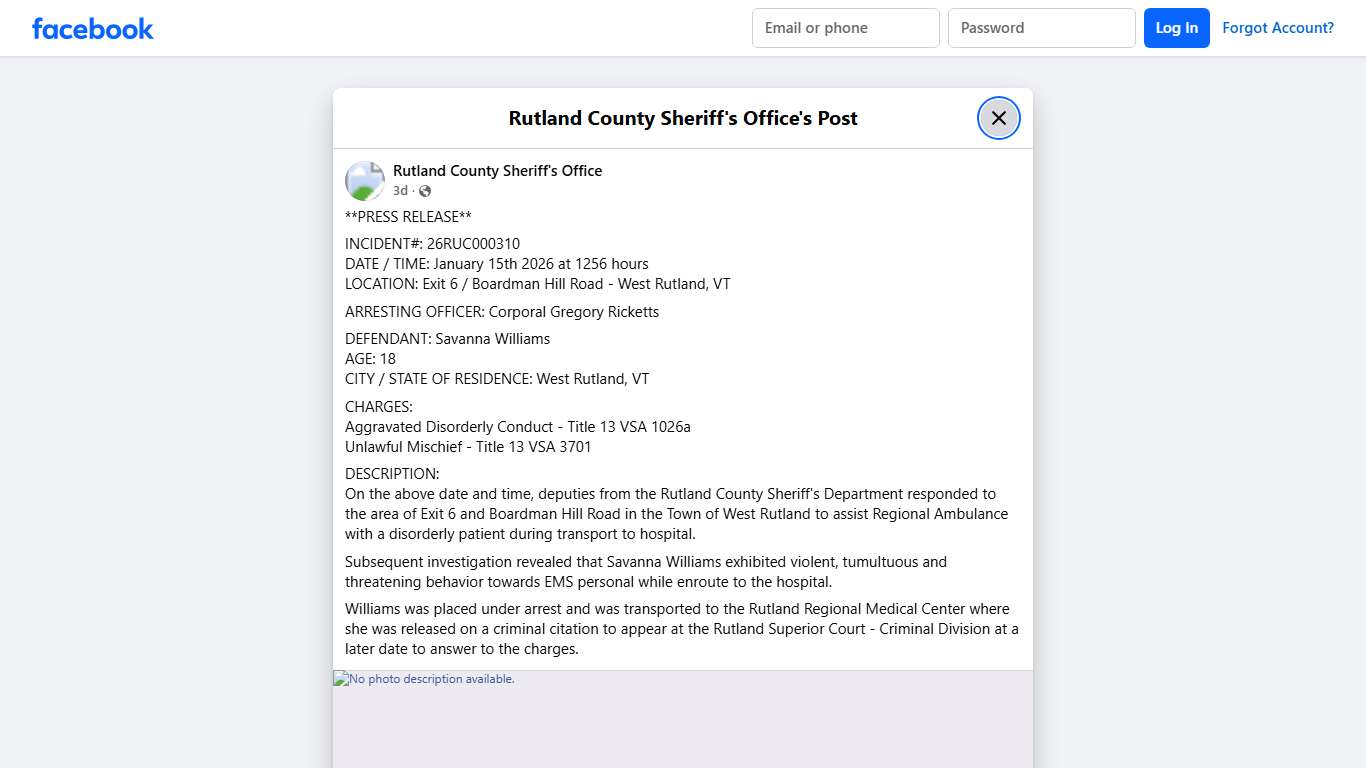 **PRESS RELEASE**... - Rutland County Sheriff's Office | Facebook