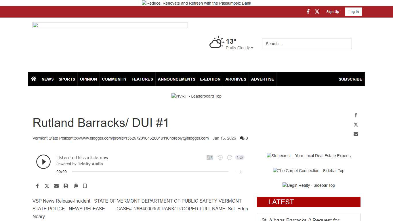 Rutland Barracks/ DUI #1 | Police Logs | caledonianrecord.com