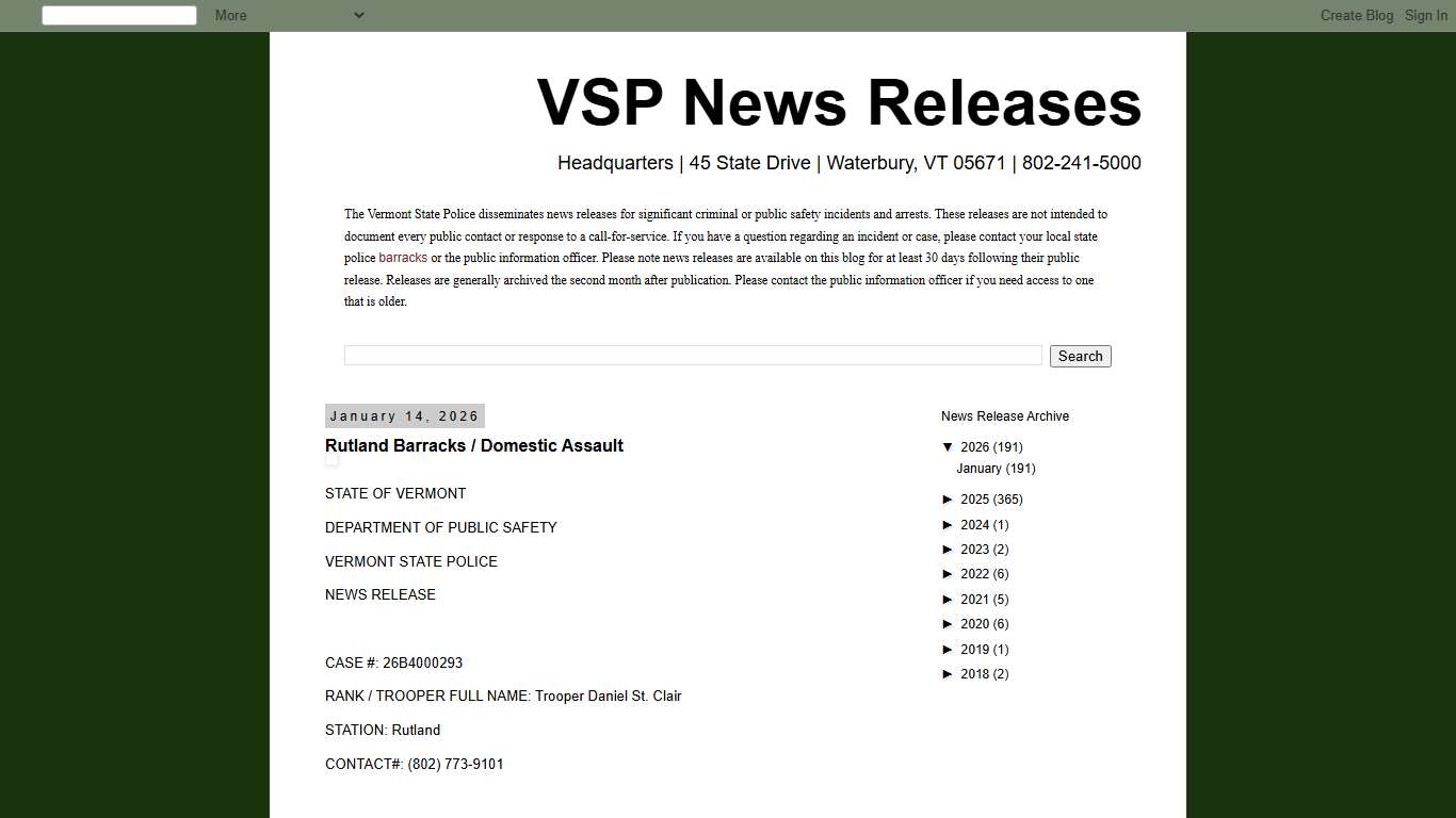 VSP News Releases: Rutland Barracks / Domestic Assault