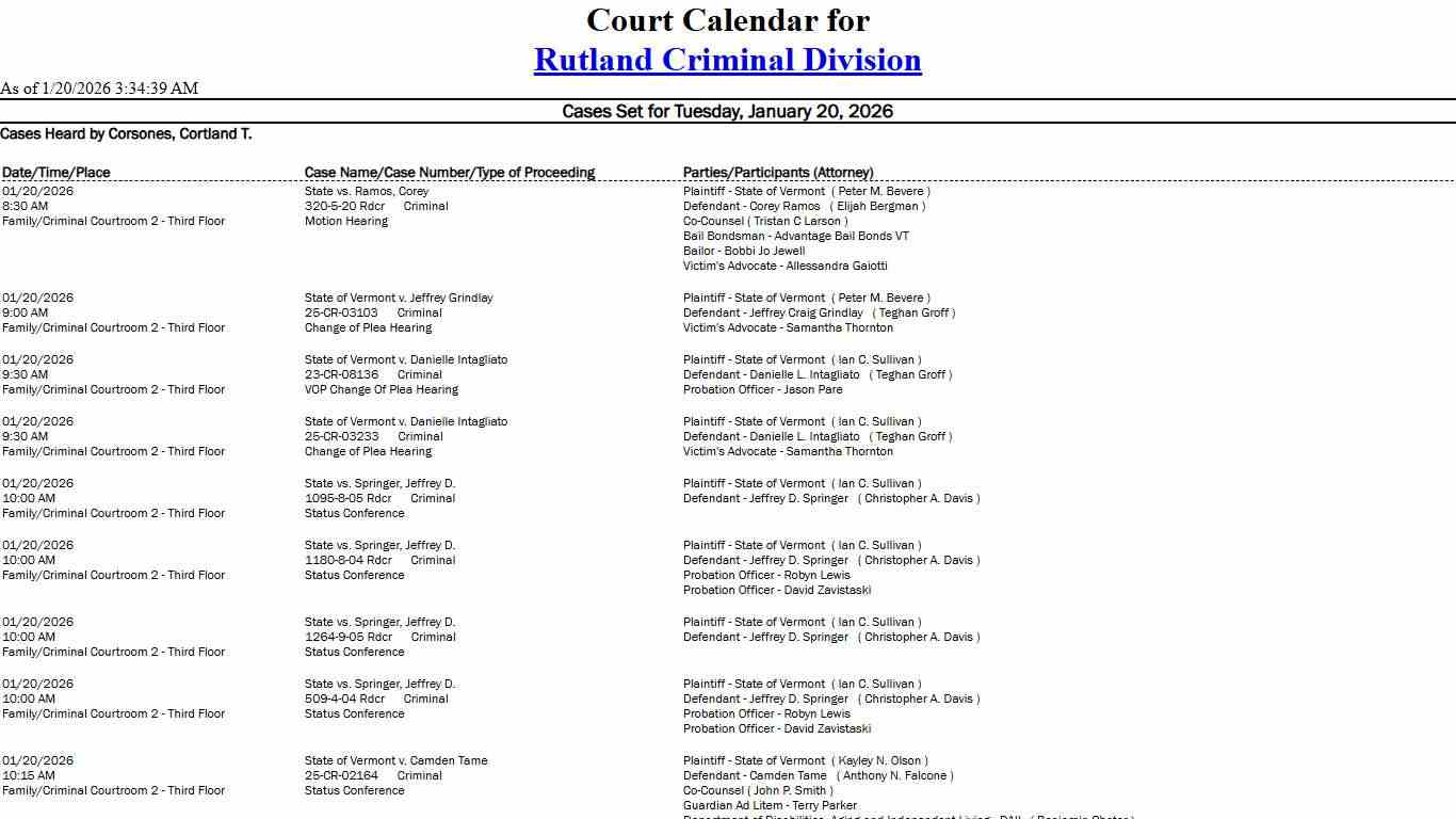 Rutland Criminal Division Calendar